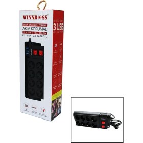 Resim Tkç Termal Akım Korumalı 16A 8li Priz 3xusb 2mt Anahtarlı Uzatma Kablo Siyah (5492) 