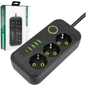 Resim Akım Korumalı Priz, 3000 Watt 16 Amper, 3'lü Çoklu Priz, 4 Usb + 1 Type C Pd Giriş, 1,5 Metre Kablo Uzunluğu, Usb Li Priz, Anahtarlı, Topraklı, Çocuk Korumalı, Siyah 1 