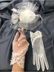 Resim Hayalperest boncuk Beyaz Dantelli Eldiven- Puantiyeli Vualet Nikah Şapkası 
