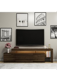 Resim Beliz Modern LED Işıklı 3 Kapaklı, Raflı TV Sehpası – 192 cm, Ceviz 