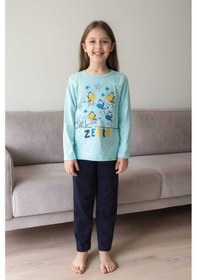 Resim Çocuk Pijama Takımı %100 Pamuk Zebra Desenli Mavi 
