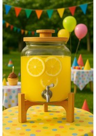 Resim 4 Litre Cam Şerbetlik Musluklu, Bambu Standlı Sunumluk Sebil İçecek Dispenseri Şeffaf 