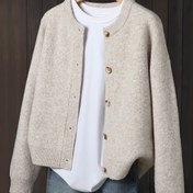 Resim Kadınlar İçin Bej Kardigan - Yumuşak Uzun Kollu Kazak Ceket, Ön Düğmeli, Günlük ve Resmi Giyim için Rahat Sonbahar/Kışlık Kazak, Katmanlı Kıyafet Parçası, Dokulu, Esnek Malzeme, Ofis Stili 