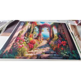 Resim Venspor Bahçe Manzaralı Deniz Görünümlü Çiçekli Arkaplan 200 x 150 cm Fon Duvar Örtüsü 