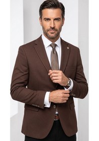 Resim Plus Scorpion Erkek Slim Fit Çift Düğme Çift Yırtmaçlı Blazer Ceket Premium Dokulu Kumaş Kahverengi 