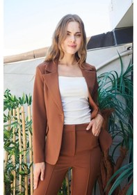 Resim Kadın Yakalı Cep Kapaklı Tek Düğme Hafif Lirkalı Kumaş Blazer Ofis Ceket Pantolon Kodu Jument 40082 -taba Taba 