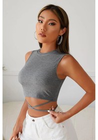 Resim Kadın Gri Çapraz Bağlamalı Crop Top Büstiyer Gri 