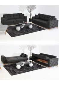 Resim Nola Koltuk Takımı 3+3 & Bazalı Yataklı Koltuk & Kanepe - Keten Antrasit 