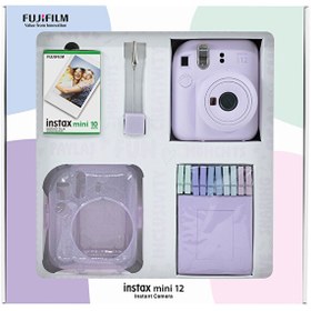 Resim Fujifilm Instax Mini 12 Lila Fotoğraf Makinesi - 10'lu Film - Simli Pleksi Kılıf - Mandal ve Kıskaçlı Resim Standı Bundle Box 