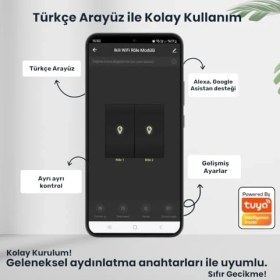 Resim Uyumlu Akıllı Anahtar Modülü, Çift Çıkışlı, Anahtar Girişli, 2X10A - 220V Röle, Asistan ve Destekli 