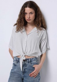 Resim Regular Fit Shirt Neck Çizgili Kadın Yeşil Kısa Kol Gömlek 