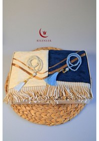 Resim Çiftlere Özel Kalpli Kadife Eş Seccade Ve Vav Detaylı İnci Tesbih Seti Hediye Kutulu, Çeyizlik Lacivert 