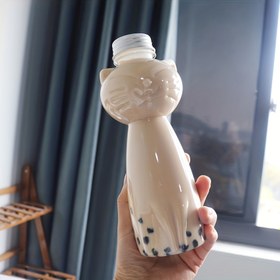 Resim Süt, çay, kahve, meyve suyu için taşınabilir, şeffaf, sevimli kedi desenli su şişesi evde içecek şişesi 
