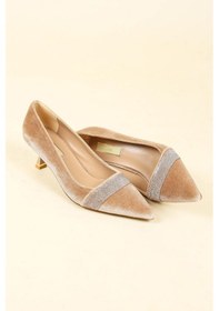 Resim Taş Bantlı Alçak Topuklu Kadife Stiletto Vizon-6136 Vizon 