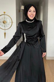 Resim Tesettür Diyarı Saye Taşlı Drapeli Saten Tesettür Abiye- Siyah 