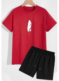 Resim Tüy Baskılı Şort T-shirt Eşofman Takımı Kırmızı 