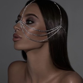 Resim Abartılı Kadın Baş Yüz Zincir Takı Rhinestones İşlemeli Zarif Seksi Stil Kadın Hediyesi 
