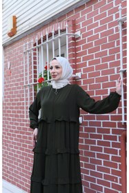 Resim HNT Hayrunnisa Tesettür Kat Kat Volan Detaylı Ferace Haki HNT7135 