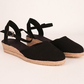 Resim Star Tombis Gerçek Elişi Topuğu Açık Bilekten Bantlı 3cm Dolgu Topuk Siyah Keten Hasır Espadril Handmade Siyah 