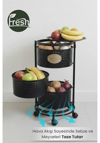 Resim 3 Katlı Tekerlekli Tepsili Metal Sebzelik Açılır Patates Soğan Meyvelik Sepeti Raf Siyah Siyah 