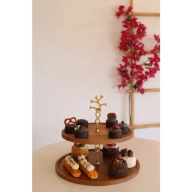 Resim Justwood 2 Katlı 25/30 Cm Gold Çiçekli Ahşap Kek Sunum Standı, Servis Sunum Tabağı, Ikramlık 