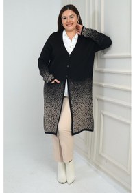 Resim By Saygı Kadın Cepli Leopar Karyağdı Desen Büyük Beden Triko Uzun Hırka-41831 Siyah 