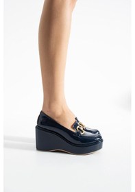 Resim Zenne Shoes Dolgu Topuklu Tokalı Kadın Ayakkabı Lacivert 