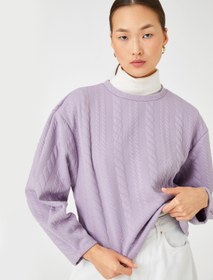 Resim Crop Sweatshirt Örgü Desenli Uzun Kollu 