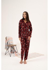Resim Estiva Kareli Desen Önden Düğmeli Süet Bayan Pijama Takım 001 