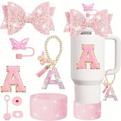 Resim 8 Parça Pırıl Pırıl Pembe Bardak Aksesuar Seti - Silikon Çayır Üst Kapağı, Sızdırmaz Pluğ, Kelebek Harf Zinciri, İlk Harf Etiketi 30oz/40oz Bardaklar için - Sevgililer Günü, Kadınlar Günü, Anneler Günü, Şükran Günü, Noel Hediyeleri için İdeal 