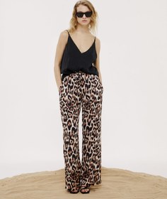 Resim Beli Büzgülü Leopar Desenli Saten Pantolon - Xs 
