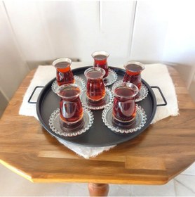 Resim Tepsi Seti Metal Siyah Kulplu Metal Çay Tepsisi Kahve Tepsisi . 