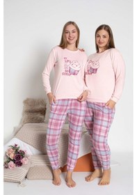 Resim Guava Kadın Bisiklet Yaka Düğmesiz Kışlık Termal Bilek Manşetli Jogger Uzun Kol Cepli Pijama Takımı Pudra 