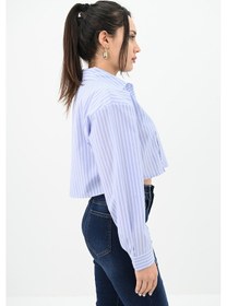 Resim Koza Butik Kadın Çizgili Mavi Crop Gömlek 1738-24 001 