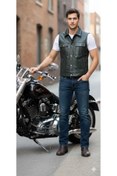 Resim Savran Deri Orion Hakiki Deri Erkek Motorcu Tarzı Yelek 