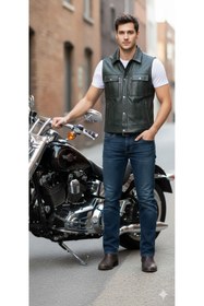 Resim Savran Deri Orion Hakiki Deri Erkek Motorcu Tarzı Yelek 
