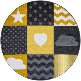 Resim Yuvarlak Soft Yumuşak Çocuk Odası Halısı Kareli Yıldız Kalp Bulut Desenli Gri Sarı Beyaz Sarı 