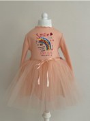 Resim Pamuk Astarlı Uzun Kollu Smile Baskılı Tüllü Kız Çocuk Elbise SOMON 