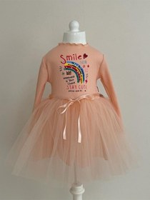 Resim Pamuk Astarlı Uzun Kollu Smile Baskılı Tüllü Kız Çocuk Elbise SOMON 