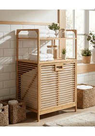 Resim Bambu Kirli Sepetli 2 Raflı Çok Amaçlı Banyo Düzenleyici Çamaşır Sepeti Organizer 64 40 95cm Bej 