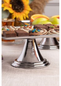 Resim 2'li Gümüş Kare, Ayaklı Şık Kek, Pasta, Kurabiye Ve Tatlı Servis Sunum Standı Gümüş 