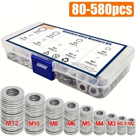 Resim 80-580 Adet Paslanmaz Çelik Düz Rondela Çeşitleri Seti (M2 M2.5 M3 M4 M5 M6 M8 M10 M12) Ev Dekorasyonu, Fabrika Onarımı, Mutfaklar, Mağazalar ve Dış Mekan İnşaatı için Uygun 