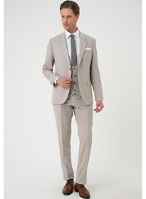 Resim Efor Slim Fit Çift Yırtmaç Keten Karışımlı Yelekli Klasik Taş Takım Elbise Tk 914 Taş 