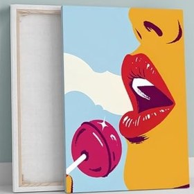 Resim Postermanya Lip Kiss, Dudak ve Lolipop Şeker Pop Art Kanvas Tablo - Tuval Tablo, Sanatsal Dekorasyon 