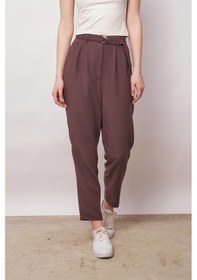 Resim JUMENT Keten Yüksek Bel Pileli Beli Lastikli Kemerli Boyfriend Pantolon-kahve 
