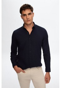 Resim Ds Damat Slim Fit Lacivert Düğmeli Yaka %100 Pamuk Yazlık Flamlı Keten Görünümlü Gömlek 6HC02ORT63265 Lacivert 