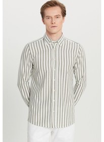 Resim Premıum Altınyıldız Erkek Hakı Beyaz %100 Pamuk Flanel Slim Fit Dar Kesim Düğmeli Yaka Çizgili Gömlek 