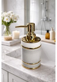 Resim Mona Gold Detaylı Porselen Sıvı Sabunluk Modern Banyo & Mutfak Aksesuarı Gri 