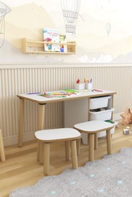 Resim POFİTTO Çocuk Masa Sandalye Takımı 90x45 Cm 3 Sepetli Çocuk Çalışma Ve Aktivite Masası Yaz-sil,2 Tabureli 