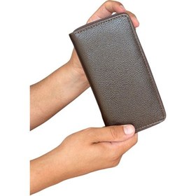 Resim Premium Serisi Lüks Deri Özel Üretim Dikey Telefon Bölmeli Fermuarlı Erkek Cüzdanı Kahverengi 